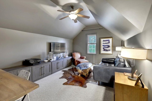 2507 Eagle Creek Way, Signal Mountain, TN 37377 - living room featuring carpet, lofted ceiling, and a ceiling fan