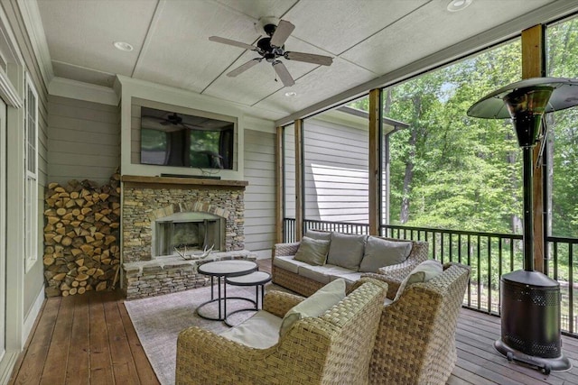 2507 Eagle Creek Way, Signal Mountain, TN 37377 - sunroom with ceiling fan and an outdoor living space with a fireplace