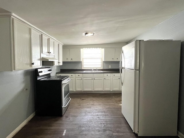 1538 Neelys Bend Rd, Madison, TN 37115 - kitchen with freestanding refrigerator, stainless steel range with electric cooktop, under cabinet range hood, a sink, and dark countertops