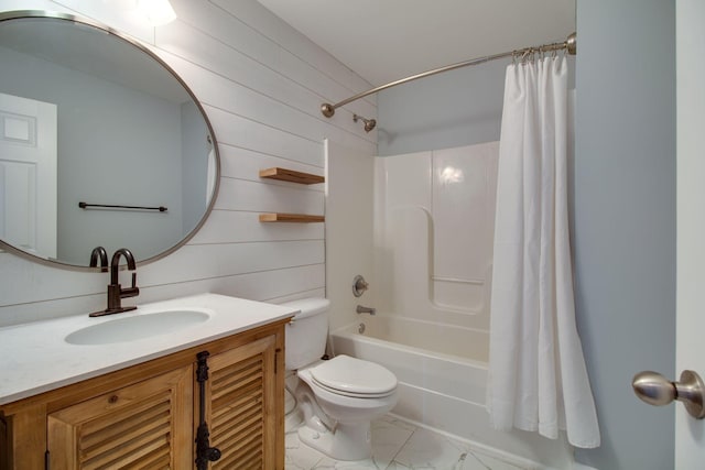 1334 Davy Crockett Dr, Murfreesboro, TN 37129 - bathroom featuring toilet, marble look tiles, shower / bathtub combination with curtain, vanity, and wood walls