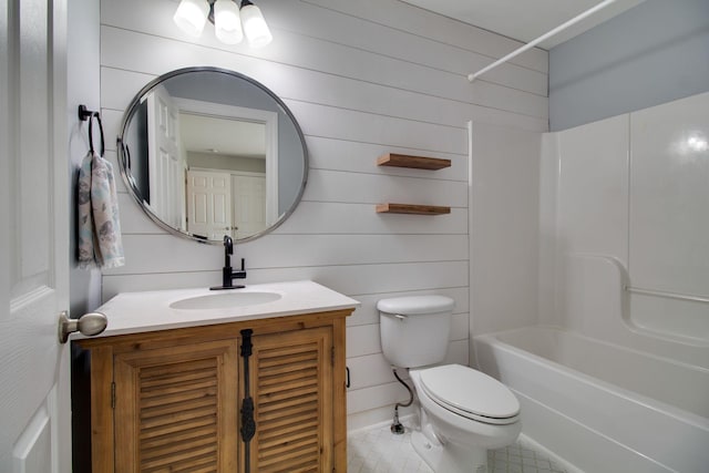 1334 Davy Crockett Dr, Murfreesboro, TN 37129 - full bath with toilet, tile patterned flooring, vanity, wooden walls, and shower / bathtub combination