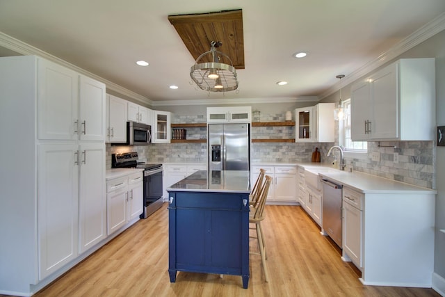 1334 Davy Crockett Dr, Murfreesboro, TN 37129 - kitchen featuring appliances with stainless steel finishes, open shelves, decorative backsplash, glass insert cabinets, and ornamental molding