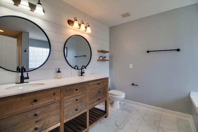 1334 Davy Crockett Dr, Murfreesboro, TN 37129 - full bathroom featuring marble finish flooring, toilet, double vanity, baseboards, and wood walls