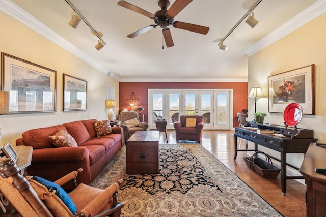 7100 Dale Ridge Rd Unit A4, Lancaster, TN 38569 - living room featuring track lighting, ceiling fan, crown molding, wood finished floors, and french doors