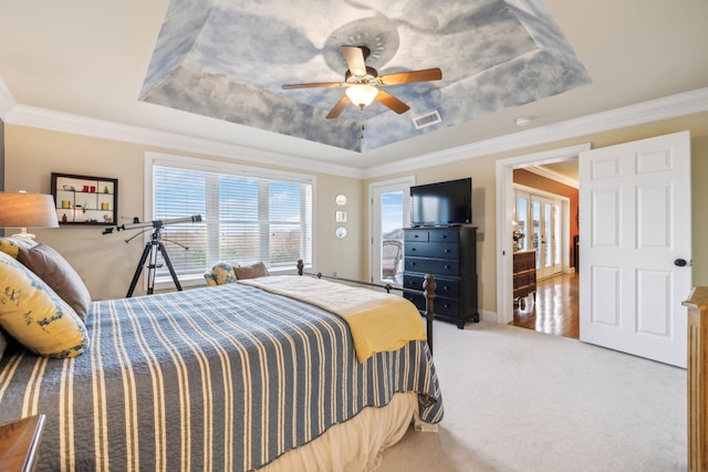 7100 Dale Ridge Rd Unit A4, Lancaster, TN 38569 - carpeted bedroom featuring a raised ceiling, ornamental molding, ceiling fan, and baseboards