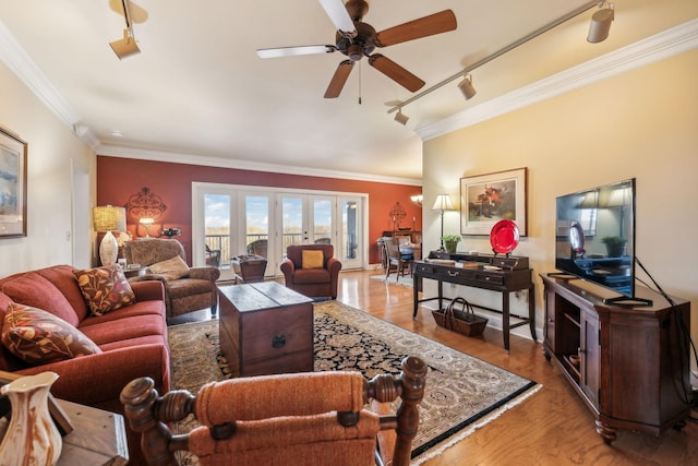 7100 Dale Ridge Rd Unit A4, Lancaster, TN 38569 - living area with rail lighting, a ceiling fan, ornamental molding, and wood finished floors