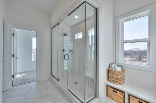 460 Triple Crown Cir, Gallatin, TN 37066 - bathroom featuring marble finish flooring, a shower stall, baseboards, and recessed lighting