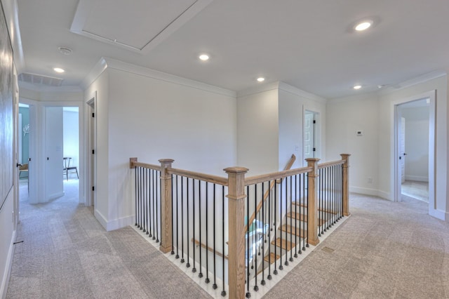 460 Triple Crown Cir, Gallatin, TN 37066 - hall featuring carpet, an upstairs landing, recessed lighting, ornamental molding, and baseboards