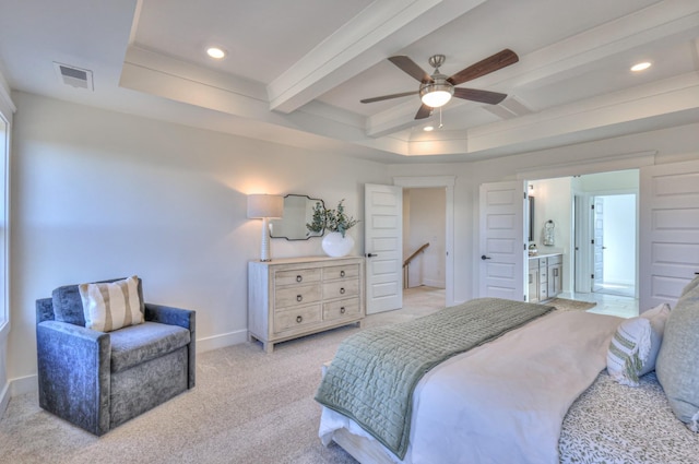 460 Triple Crown Cir, Gallatin, TN 37066 - bedroom with baseboards, light carpet, recessed lighting, ensuite bath, and beamed ceiling