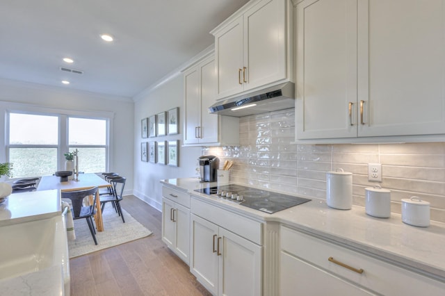 460 Triple Crown Cir, Gallatin, TN 37066 - kitchen featuring under cabinet range hood, black electric stovetop, ornamental molding, light wood finished floors, and baseboards