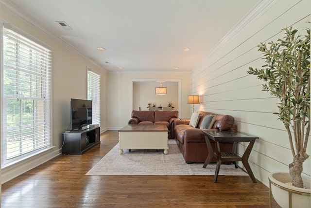 5175 Granny White Pike, Nashville, TN 37220 - living area featuring ornamental molding, dark wood-style flooring, recessed lighting, and wooden walls