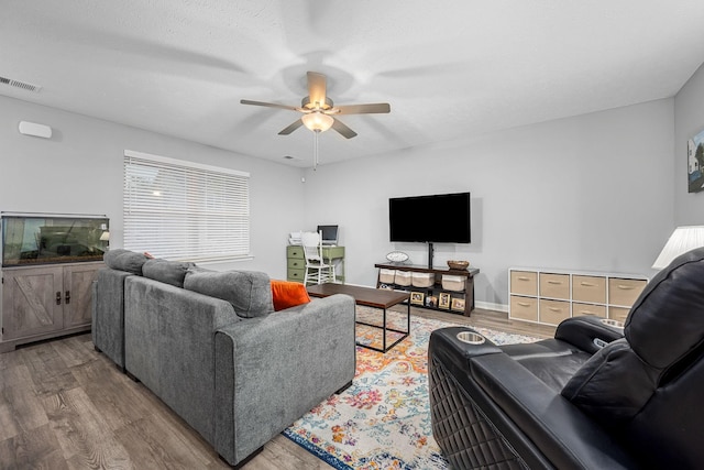 living room with ceiling fan and wood finished floors