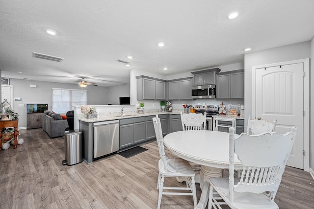 kitchen featuring appliances with stainless steel finishes, gray cabinets, a sink, light wood-style floors, and a ceiling fan