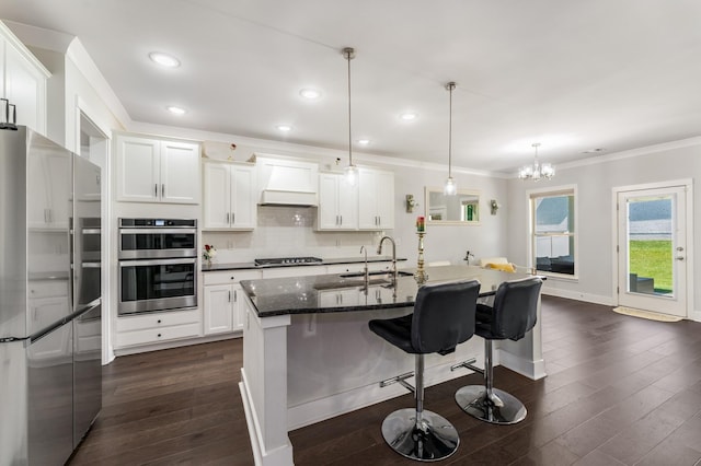 1149 Brixworth Dr, Spring Hill, TN 37174 - kitchen with stainless steel appliances, a sink, ornamental molding, custom exhaust hood, and dark wood finished floors