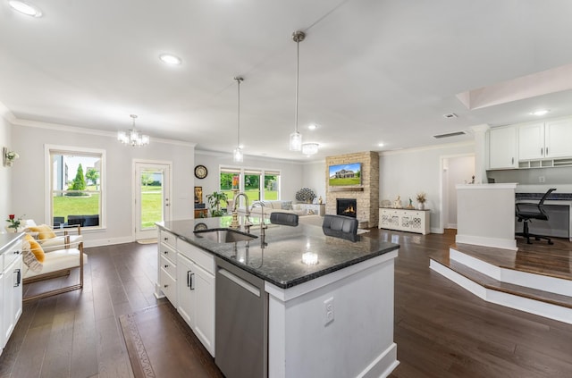1149 Brixworth Dr, Spring Hill, TN 37174 - kitchen featuring a sink, stainless steel dishwasher, ornamental molding, a fireplace, and dark wood-style flooring