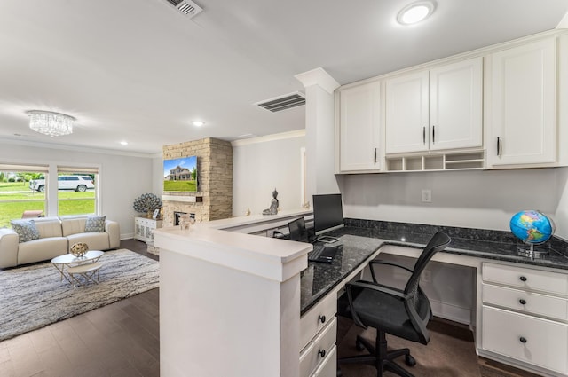 1149 Brixworth Dr, Spring Hill, TN 37174 - office with ornamental molding, built in study area, dark wood-type flooring, and recessed lighting