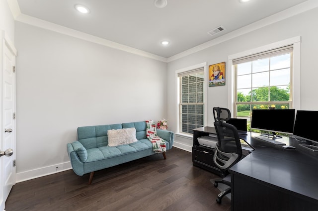 1149 Brixworth Dr, Spring Hill, TN 37174 - office area featuring dark wood-style flooring, ornamental molding, recessed lighting, and baseboards