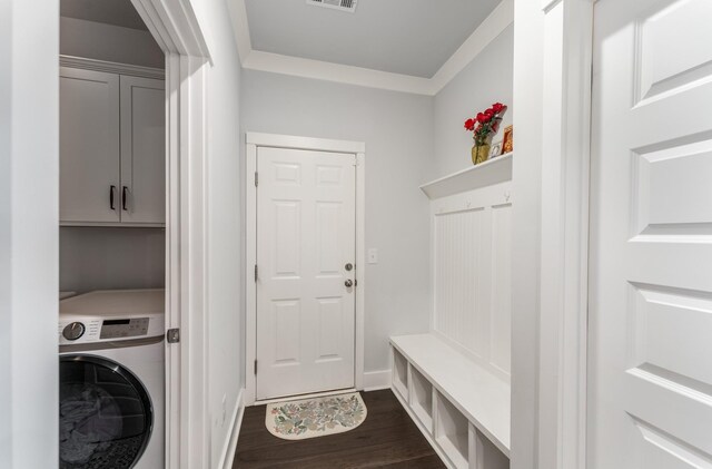 1149 Brixworth Dr, Spring Hill, TN 37174 - laundry area featuring washer / dryer, cabinet space, dark wood-type flooring, and baseboards