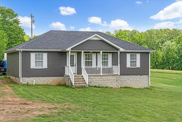 890 Akersville Rd, Lafayette, TN 37083 - ranch-style home with covered porch, a front lawn, crawl space, and roof with shingles