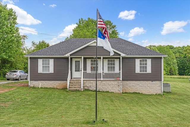 890 Akersville Rd, Lafayette, TN 37083 - view of front of house featuring a porch, a front lawn, roof with shingles, central air condition unit, and crawl space