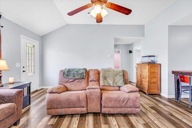 890 Akersville Rd, Lafayette, TN 37083 - living room with wood finished floors, a ceiling fan, baseboards, and vaulted ceiling