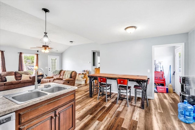 890 Akersville Rd, Lafayette, TN 37083 - kitchen with a sink, wood finished floors, light countertops, decorative light fixtures, and ceiling fan