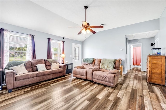 890 Akersville Rd, Lafayette, TN 37083 - living room featuring attic access, wood finished floors, lofted ceiling, and a ceiling fan