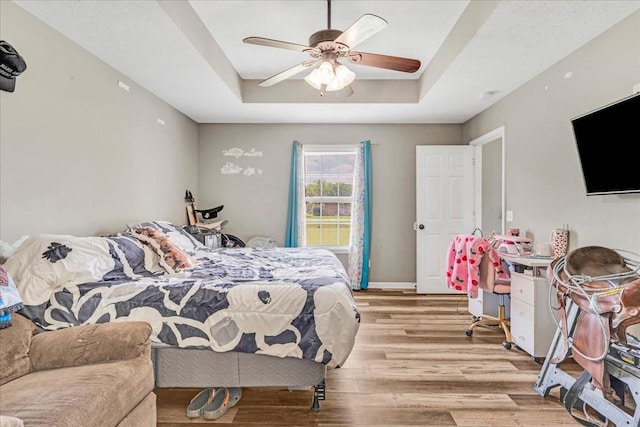 890 Akersville Rd, Lafayette, TN 37083 - bedroom featuring a tray ceiling, light wood-style floors, ceiling fan, and baseboards