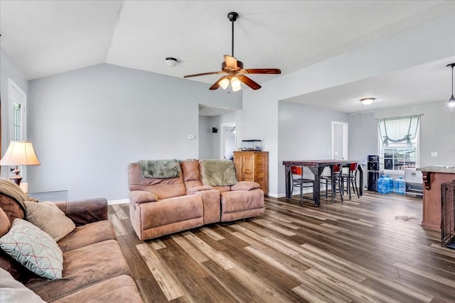 890 Akersville Rd, Lafayette, TN 37083 - living area featuring wood finished floors, ceiling fan, baseboards, and vaulted ceiling