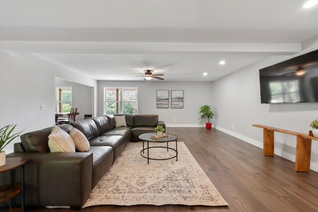 593 Gaulden Hollow Rd, Lafayette, TN 37083 - living room featuring dark wood finished floors, recessed lighting, baseboards, and ceiling fan