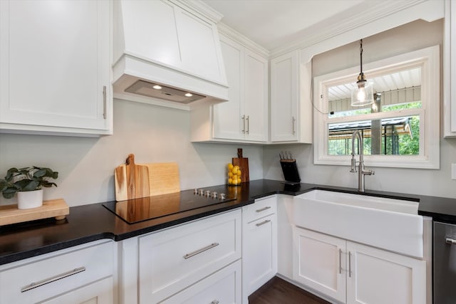 593 Gaulden Hollow Rd, Lafayette, TN 37083 - kitchen featuring premium range hood, dark countertops, white cabinetry, and black electric stovetop