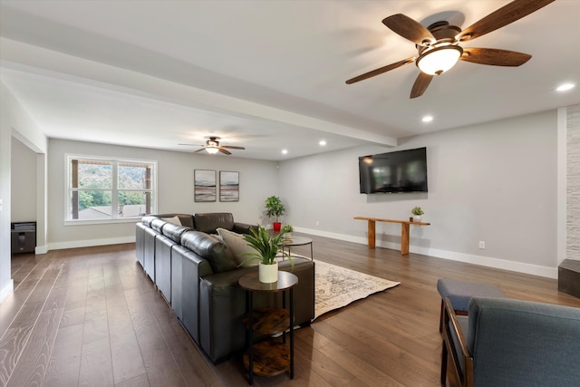 593 Gaulden Hollow Rd, Lafayette, TN 37083 - living room with a ceiling fan, recessed lighting, dark wood-style flooring, and baseboards