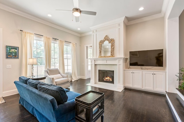 3692 Auburn Ln, Nashville, TN 37215 - living room with ceiling fan, dark wood finished floors, crown molding, a high end fireplace, and baseboards