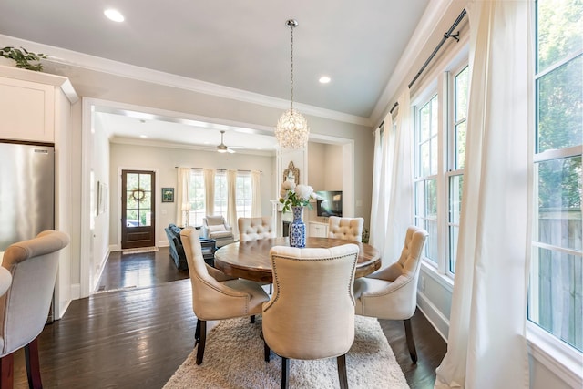 3692 Auburn Ln, Nashville, TN 37215 - dining room featuring dark wood-style flooring, baseboards, crown molding, recessed lighting, and a chandelier