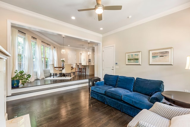 3692 Auburn Ln, Nashville, TN 37215 - living room featuring wood finished floors, ceiling fan, ornamental molding, and recessed lighting