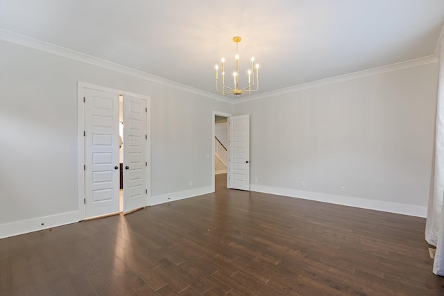 unfurnished room featuring a chandelier, crown molding, dark wood-style flooring, stairway, and baseboards