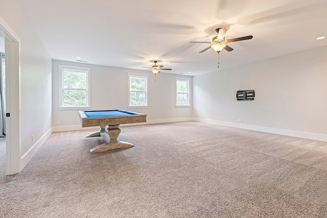 recreation room with baseboards, a ceiling fan, pool table, and carpet flooring