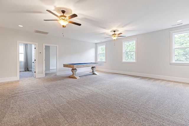 recreation room with ceiling fan, pool table, plenty of natural light, and recessed lighting