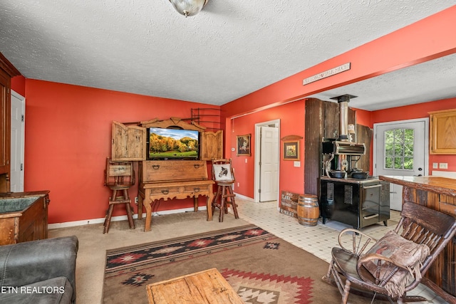 6756 Old State Highway 111, Spencer, TN 38585 - living area with a textured ceiling, baseboards, light colored carpet, and a wood stove