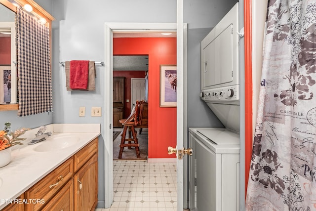 6756 Old State Highway 111, Spencer, TN 38585 - full bathroom featuring stacked washer and clothes dryer, tile patterned floors, vanity, and curtained shower