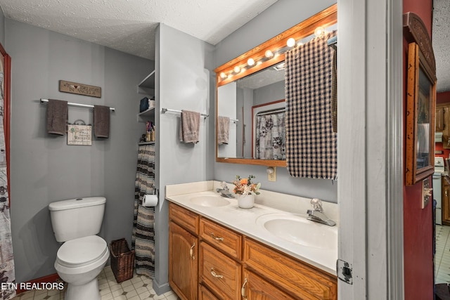 6756 Old State Highway 111, Spencer, TN 38585 - full bathroom with toilet, double vanity, a textured ceiling, and a shower with shower curtain