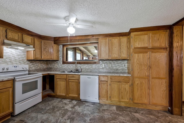 159 Clover St, Granville, TN 38564 - kitchen featuring white appliances, a sink, under cabinet range hood, a textured ceiling, and backsplash