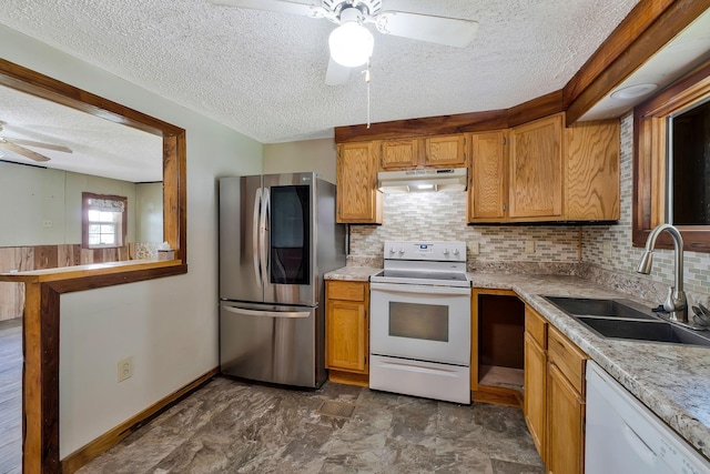 159 Clover St, Granville, TN 38564 - kitchen with white appliances, under cabinet range hood, a ceiling fan, a sink, and a textured ceiling