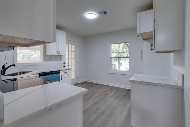 kitchen with a sink, light stone counters, dishwashing machine, and light wood-style flooring