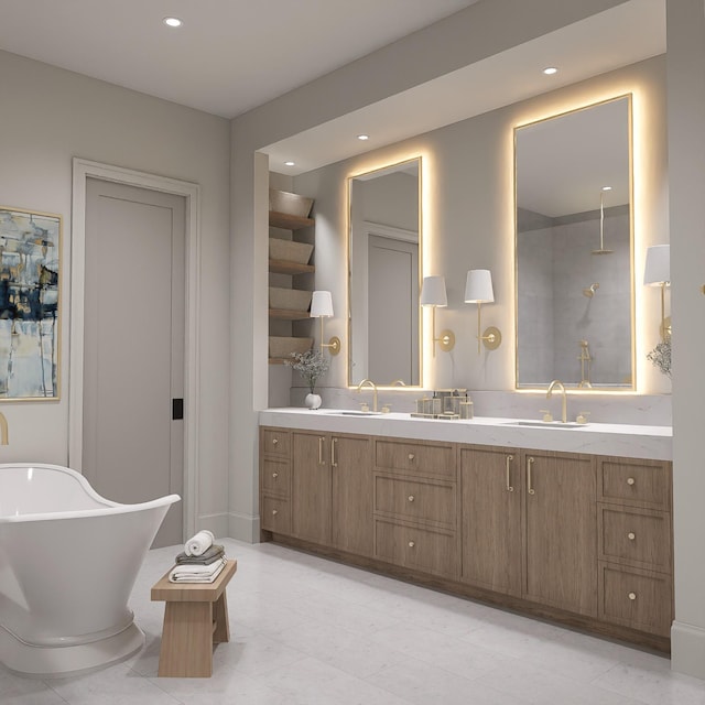 bathroom featuring a freestanding tub, recessed lighting, double vanity, and a shower