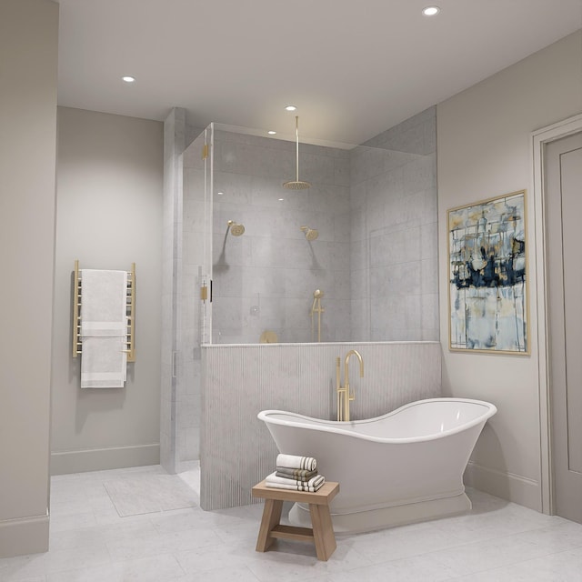 full bathroom featuring a walk in shower, a freestanding bath, recessed lighting, baseboards, and tile patterned flooring
