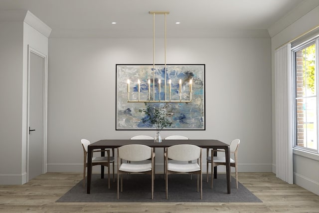 dining room with light wood-type flooring, baseboards, recessed lighting, and ornamental molding