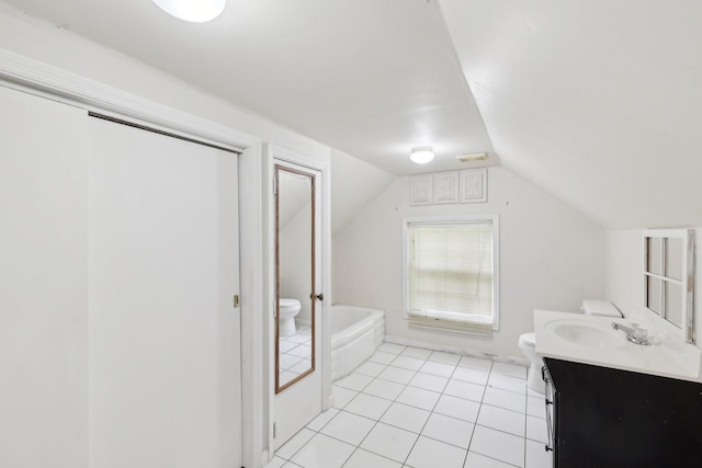 111 Lois Ln, Clarksville, TN 37043 - full bathroom with toilet, vanity, tile patterned floors, a bath, and lofted ceiling