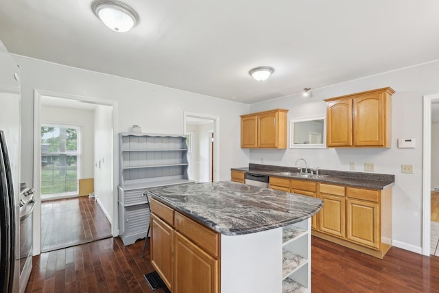 111 Lois Ln, Clarksville, TN 37043 - kitchen with open shelves, dishwasher, a sink, and dark wood finished floors