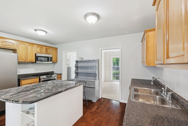 111 Lois Ln, Clarksville, TN 37043 - kitchen with stainless steel appliances, open shelves, a sink, dark wood-style flooring, and a center island